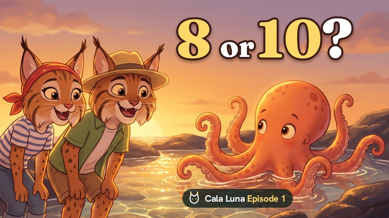 Episode 1 thumbnail: Mila and Teo look at an octopus in a sunset rockpool