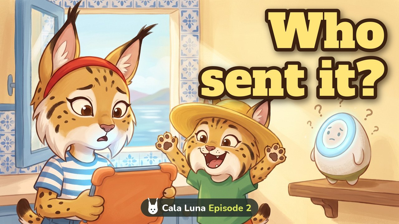 Episode 2 thumbnail: Mila looks worried at a tablet while Teo cheers