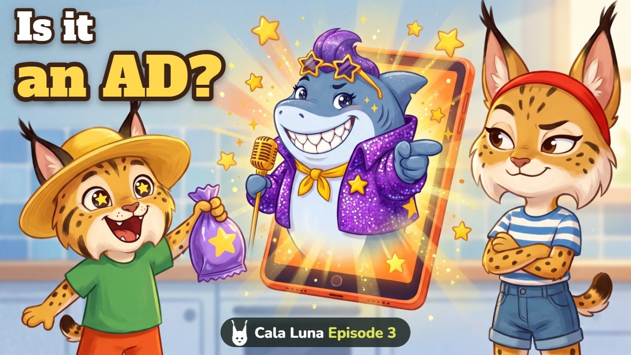 Episode 3 thumbnail: a shark in a sparkly jacket sings from a tablet while Mila looks doubtful