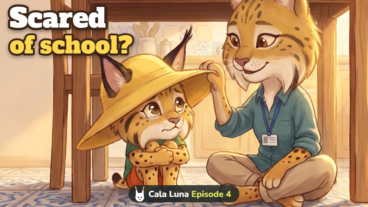 Episode 4 thumbnail: Teo hides under the table in his big yellow hat while Mamá gently lifts the brim