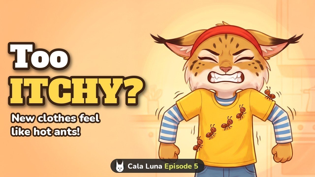Episode 5 thumbnail: Mila scowls in a yellow T-shirt that feels like hot ants, with the words Too itchy?