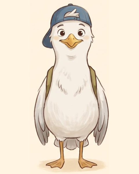 Kai, a young seagull in a backwards blue cap