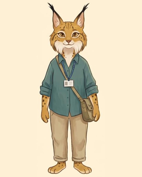 Mamá Carmen, a lynx in a teal work shirt with an ID badge