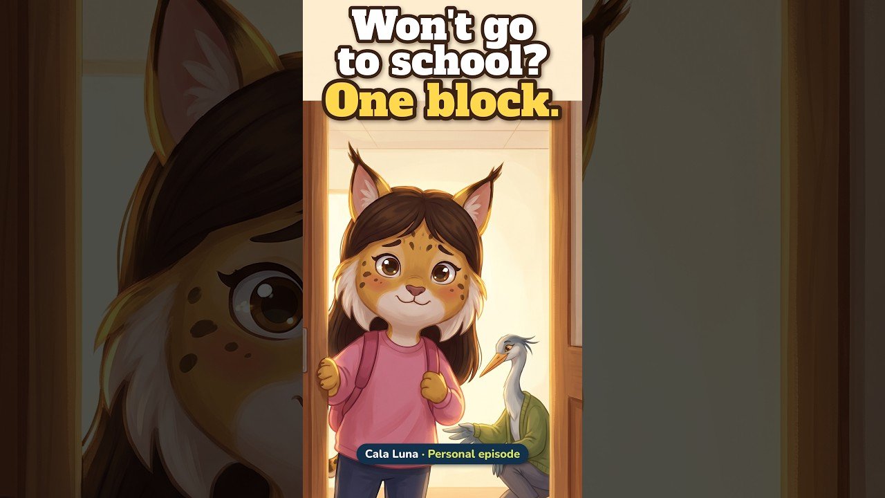 Victoria, a young lynx with a pink jumper, stands at the classroom door with her teacher behind her