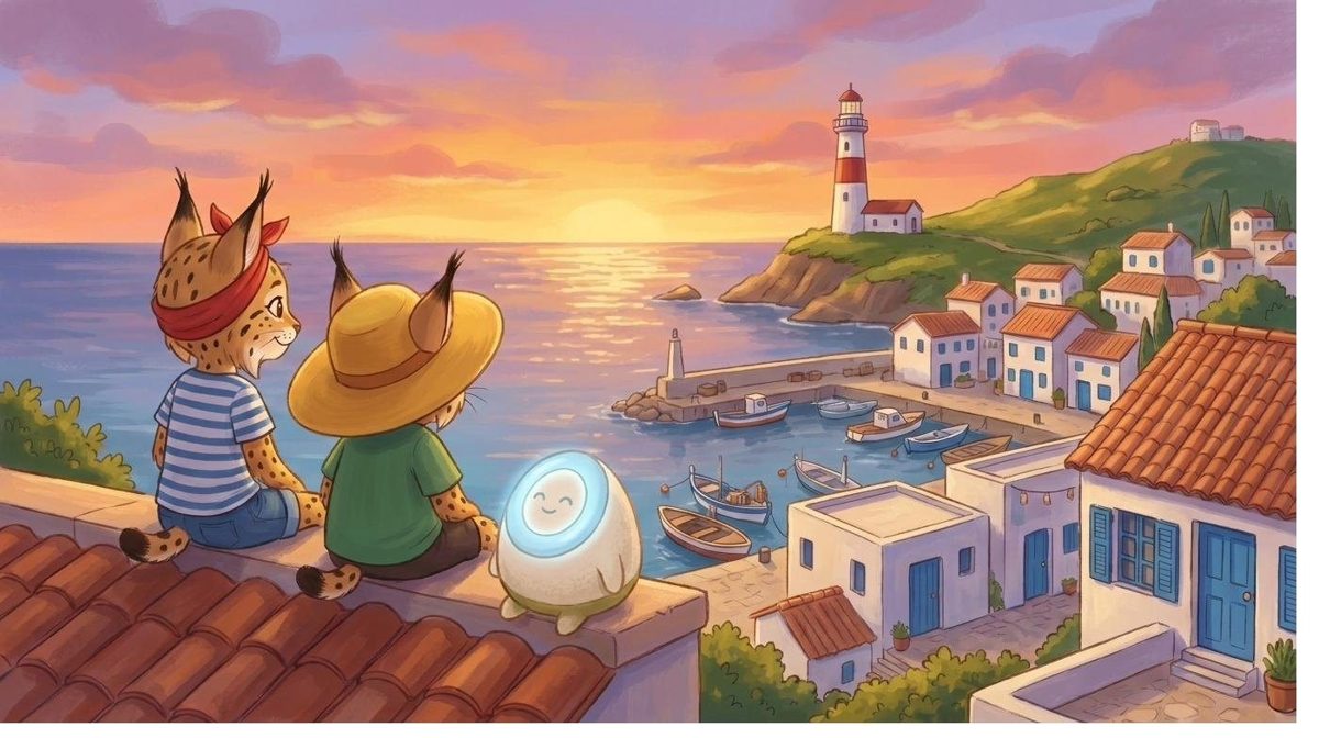 Mila, Teo and Chispa on a roof terrace watching the sunset over the harbour and lighthouse
